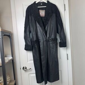 Vintage Black Leather Lace Paisley Trim Long Trench Duster Coat Women's Medium